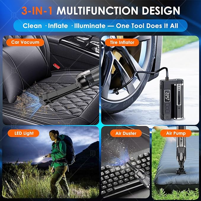 Mini 3-in-1 Car Vacuum & Tire Inflator, 18000Pa Brushless Motor, 150PSI Smart Air Pump for E-Bike/Motorcycle/Car, Cordless Handheld Vac with LED Lantern