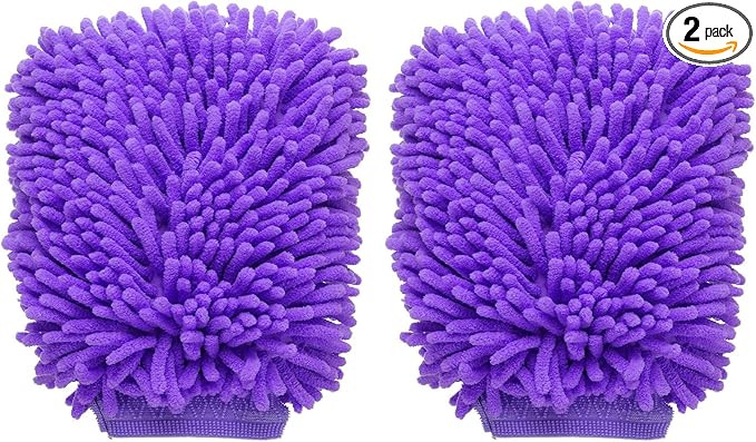 HARFINGTON 2pcs Chenille Microfiber Car Wash Mitts 10" x 7.5" Scratch Free Wash Gloves Absorbent Double Sided Plush Cleaning Drying Mitts for Car Washing Home Clean Purple