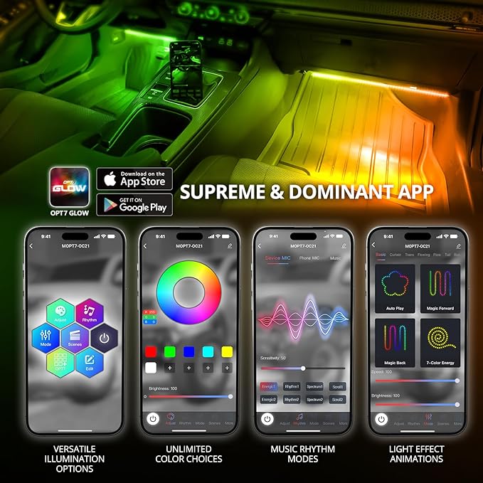 OPT7 Aura DreamColor Interior Light Strips, 4PC Double RGB-IC LED Color Chasing Kit w/APP & Remote Control, Underdash Ambient Lighting Universal for Vehicles Cars Trucks SUVs