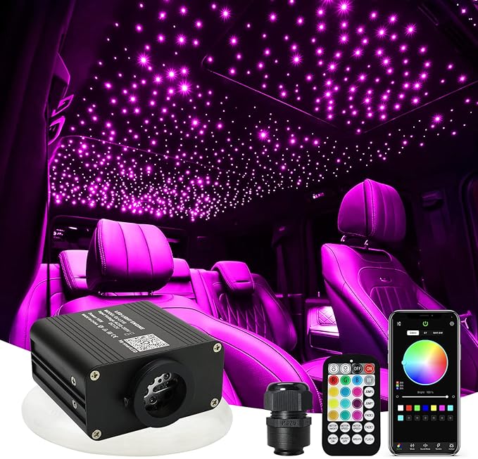 AMKI Updated 16W RGBW Fiber Optic Light Twinkle+Sound Activated Mixed 375pcs 9.8ft Cables APP Remote Music Control Car Home Starlight Headliner Star Ceiling Light Kit 0.03in 0.04in 0.06in Strands