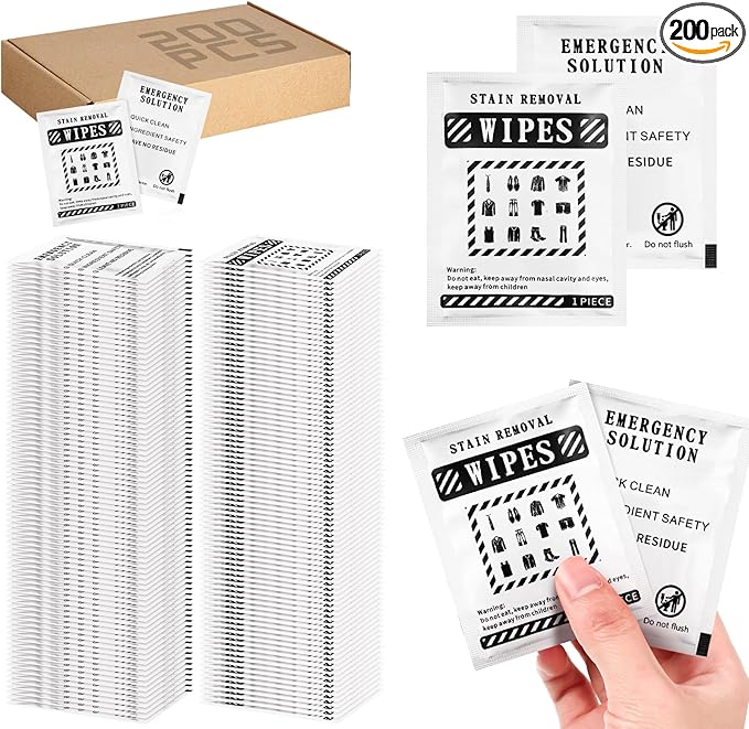 Timgle 200 Pcs Instant Stain Remover Wipes Individual Wrapped Stain Remover Wipes Bulk Portable No-rinse Cleaner for Clothes Fabric Coffee Grease Travel Purse Diaper Bag Car Laundry (Black)