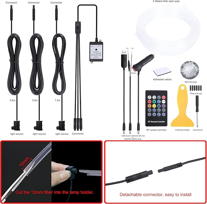 4 m Optic Fiber Car Ambient Lighting Kit RF Remote Control 8 Colors Multicoloured Music Interior Lighting Kit 12V 1W
