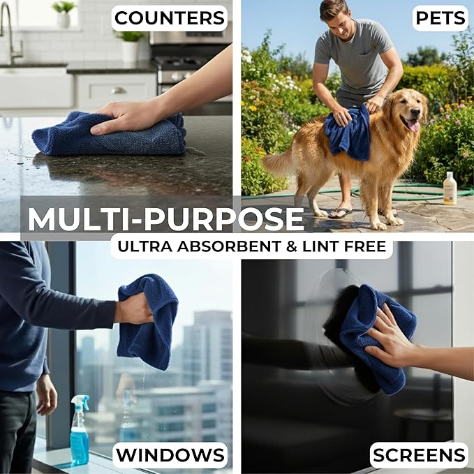 2X Medium Car Drying Towel, 1300 GSM Professional Car Towel with Double Twisted Loop,Super Absorbent Large Microfiber Drying Towels for Cars, Trucks, SUVs - 16"x16" 2-Pack, Navy