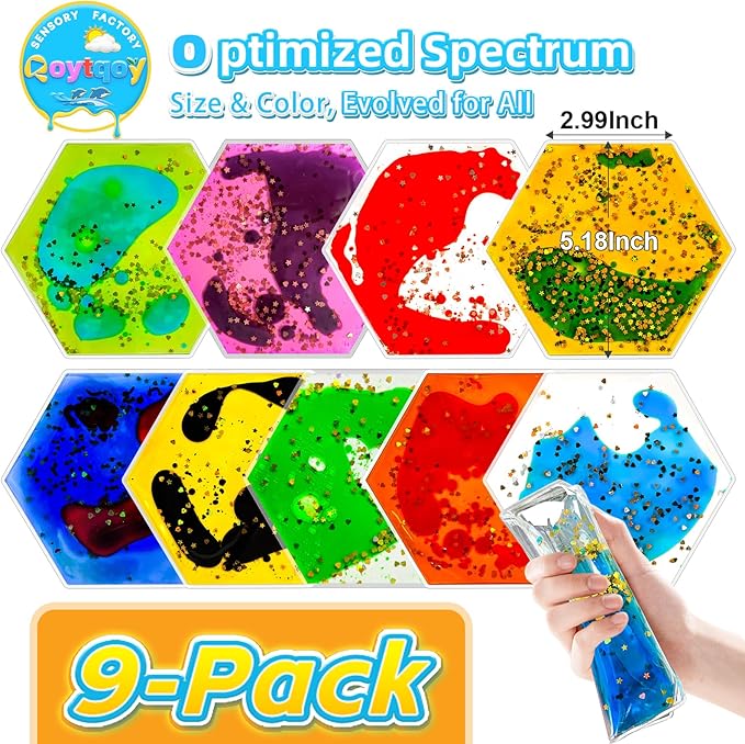 Squishy Liquid Sensory Gel Tiles 9 Packs - Hexagon Liquid Sensory Toys for Stress Relief & Fidget Fun, Washable Sensory Floor Tiles for Toddles 3+ Home, Classroom, Travel