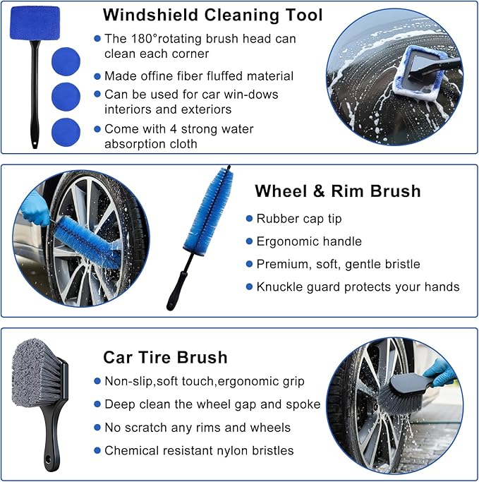 32-Piece Car Detailing Kit with Drill Brush Attachments & Polishing Pads – Professional Auto Detailing Brushes, Wheel & Tire Cleaning Tools with Storage Bag (Blue)