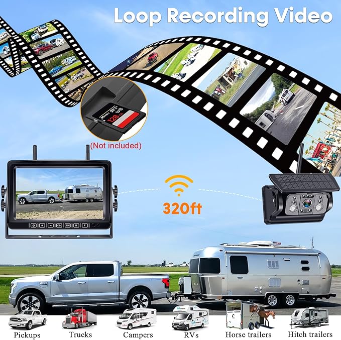 HD 1080P Magnetic Wireless Backup Camera: 1-Min Easy Install No Wiring 25H Long Battery Life for Long Travel - 7" Recording Monitor Dual Solar Backup Cameras for RV Trailer Camper Truck