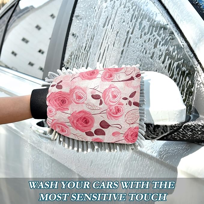 Kigai Roses Car Wash Mitt 2PCS Ultra Absorbent Chenille Microfiber Car Washing Glove Scratch Free Lint Free Wash Sponge Auto Cleaning Glove, 11.8x8.1 inch