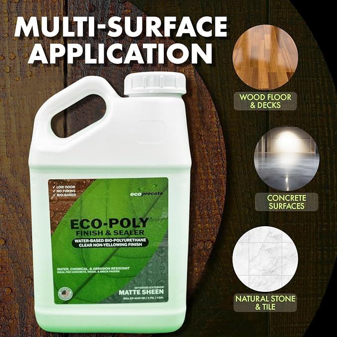 Eco-Poly Polyurethane Sealer — Non-Toxic, Low Odor, Quick-Dry Water Based Protective Spar Varnish for Indoor & Outdoor, Clear Matte 1 Gallon Polyurethane Sealant for Wood, Concrete, Multiple Surfaces