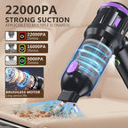 Portable Cordless Car Vacuum, 4-in-1 Handheld with Air Blower, New Pro Brushless Motor, 22000Pa Suction, Type-C Fast Charging, LED Light, for Pet Hair Car Home Office, with Case (Black Purple)