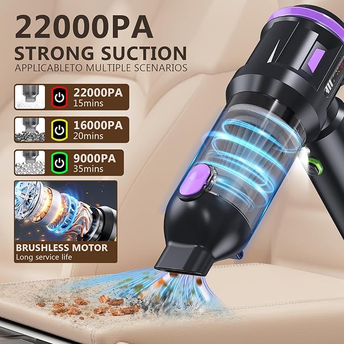 Portable Cordless Car Vacuum, 4-in-1 Handheld with Air Blower, New Pro Brushless Motor, 22000Pa Suction, Type-C Fast Charging, LED Light, for Pet Hair Car Home Office, with Case (Black Purple)