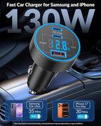 USB C Car Charger, 3-Port 130W Type C Super Fast Charging Car Phone Charger Adapter Accessories with Voltage Display Cigarette Lighter for iPhone 17/16/15/14/13/12, iPad, Galaxy S26/S25/S24, Android