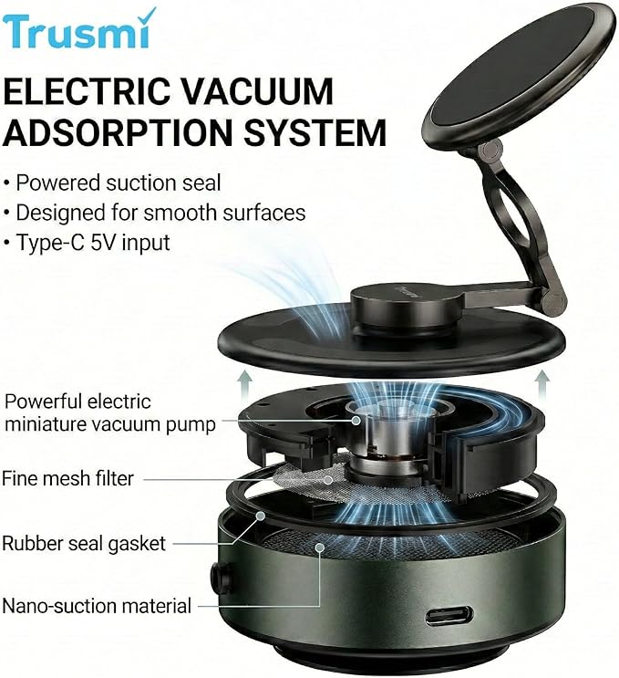 Trusmi Electric Vacuum Magnetic Car Windshield Phone Mount, 4300 Gauss, Type-C Powered, for Glass & Smooth Flat Surfaces Only, 360° Rotation, Hands-Free Holder, Black