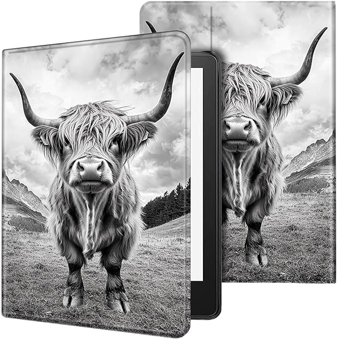 for Kindle Paperwhite Case,6.8" Kindle Paperwhite 11th Generation Case and Kindle Paperwhite Signature Edition,Leather Slim Adjustable Stand Cover with Auto Wake/Sleep,Black Cute Cow