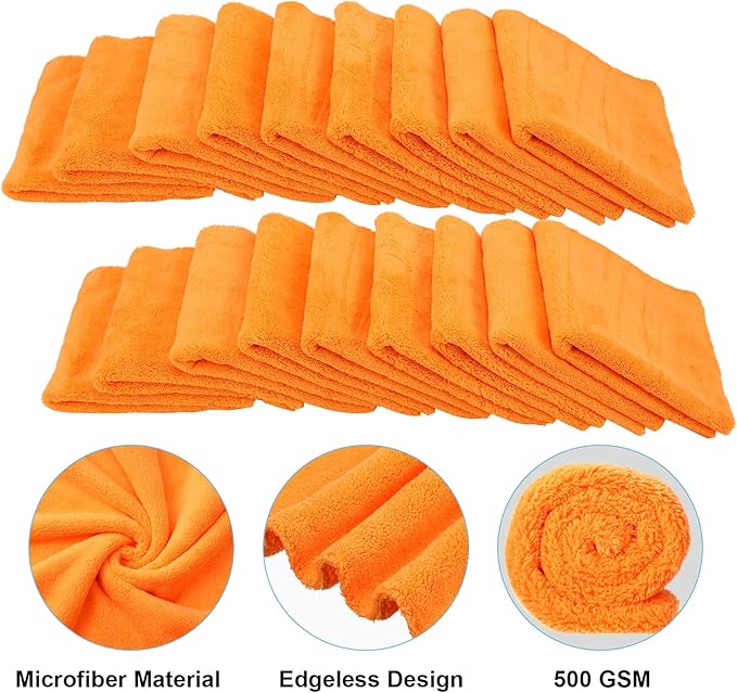 Shimeyao 30 Pcs Edgeless Microfiber Plush Towels for Cars Detailing Drying Wash Polishing Absorbent Cleaning Cloths, 500 GSM (16 x 16 Inch,Orange)