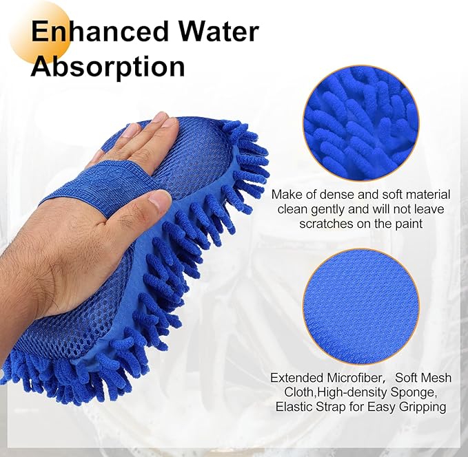 HARFINGTON Car Wash Sponge 8.7" x 4.3" Chenille Microfiber Mitt Scratch-Free Absorbent Scour Scrubber Cleaning Sponge for Washing Detailing on Cars, Trucks, SUV, Boats, RVs, Dark Blue