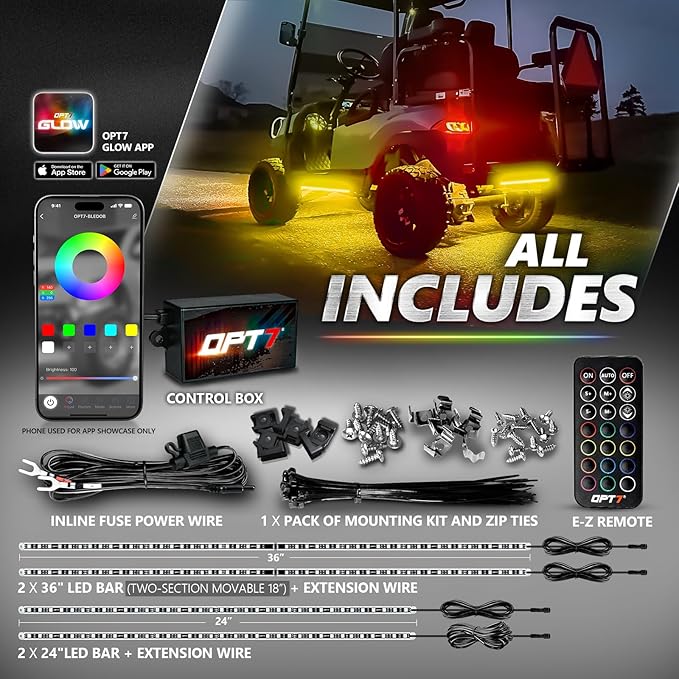 OPT7 12V Aura Pro Underglow Lights Kit for Golf Cart with APP & Remote Control, Waterproof Rigid Aluminum Light Bar, RGB Multicolor Music Sync LED Lighting Kit for EZGO Yamaha Club Car
