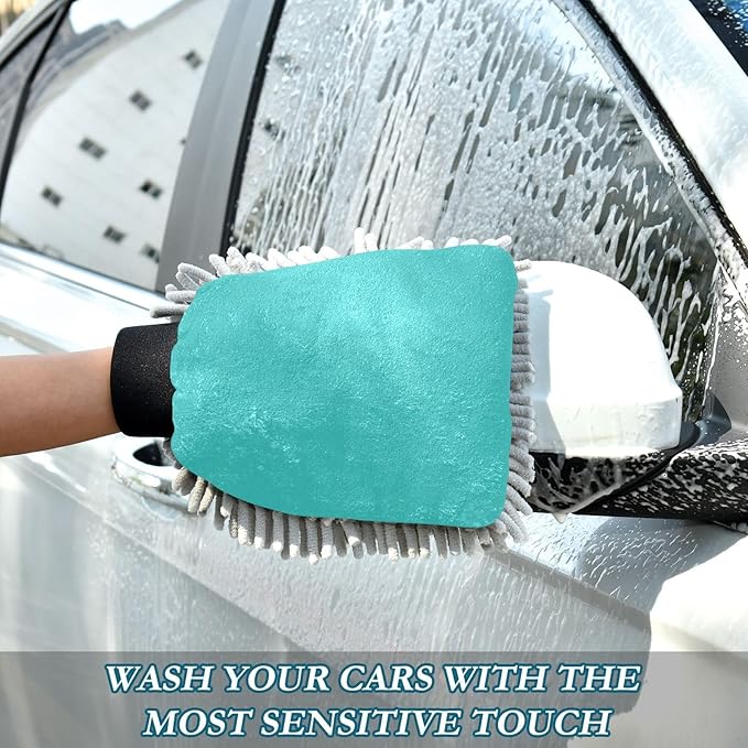2 Pack Premium Microfiber Chenille Car Washing Mitt, Dual Sided Wash Gloves, No Scratch, Lint Free Washing and Detailing for Car Washing and Detailing (Teal Colored)