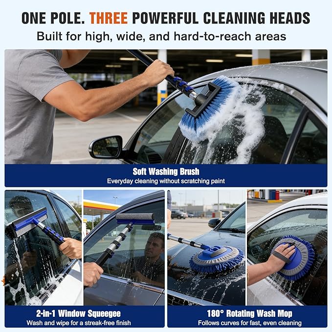 12FT Car Wash Brush with Long Handle - Car Cleaning Kit with 8 Attachments, 180° Rotating Mop, Foldable Bucket, Scratch-Free Soft & Hard Brushes for Cars, Trucks, SUV, RV, Home Windows & Siding
