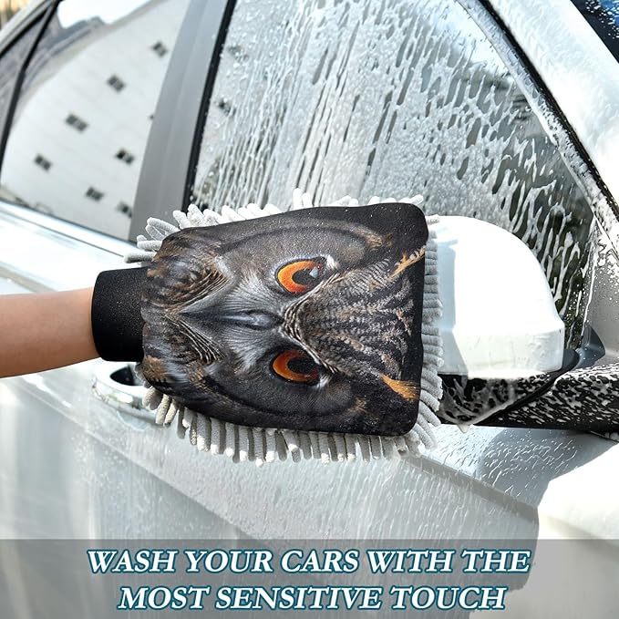 YETTASBIN Owl 2PCS Car Wash Mitts, Ultra Absorbent Chenille Microfiber Car Washing Gloves, Scratch-Free Lint-Free Auto Cleaning Mitt, Machine Washable Elastic Cuff Car Wash Sponge