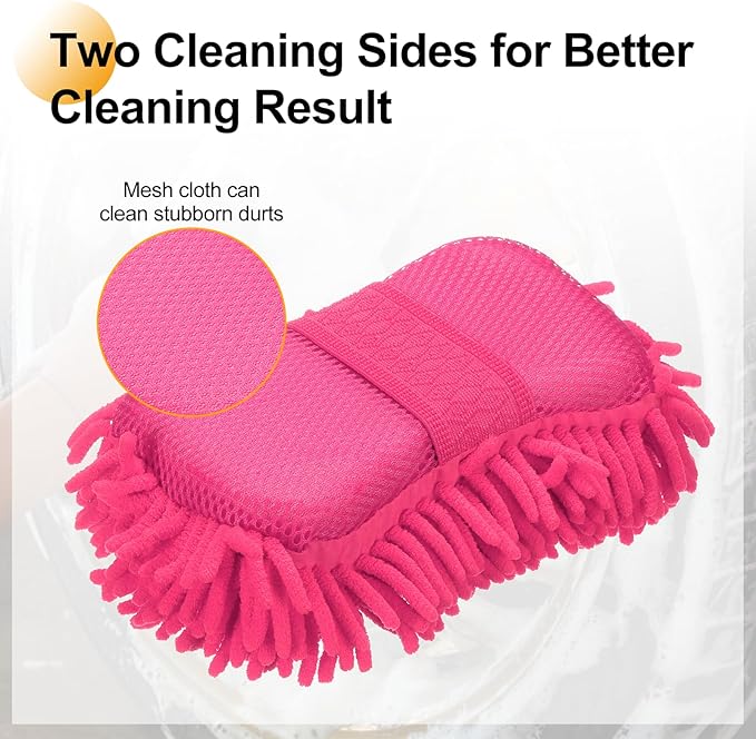 HARFINGTON Car Wash Sponge 9.1" x 4.7" Chenille Microfiber Mitt Scratch-Free Absorbent Scour Scrubber Cleaning Sponge for Washing Detailing on Cars, Trucks, SUV, Boats, RVs, Pink