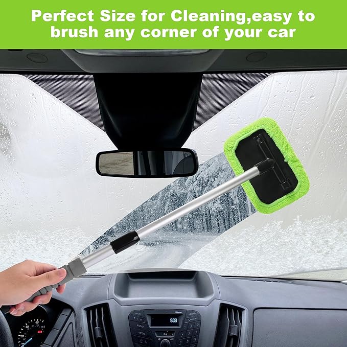XINDELL Windshield Cleaning Tool for Car – 27inch Extendable Handle Window Cleaner with Reusable Microfiber Pads, Streak-Free Interior & Exterior Auto Glass Cleaner (Green)