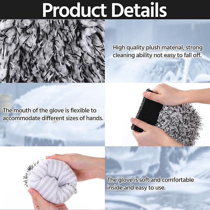 4 Pack Microfiber Car Wash Mitts Set 10x7 Inch Soft Suede Lining Car Wash Gloves, Highly Absorbent Scratch-Free Cleaning Cloths for Auto Detailing, Safe with All Soaps, Bucket(Black)