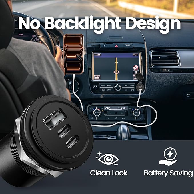 72W 3 Port 12V USB Outlet, Dual PD3.0 Type-C & QC3.0 Aluminum Car Charger, Multi Port USB Power Socket Cigarette Lighter Replacement for RV Camper Truck Boat Golf Cart (2Pcs)