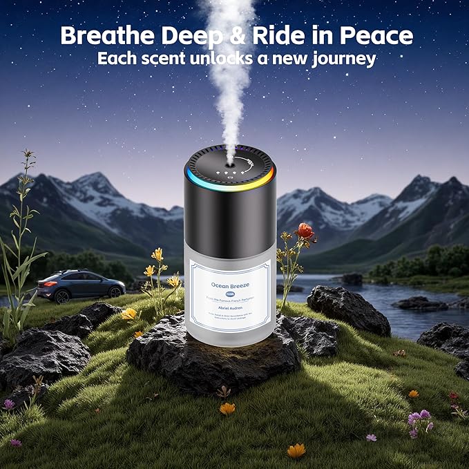 Klomsuw Car Air Freshener,Smart Car Air Freshener, car Diffuser with 150 ML (5oz) Capacity Multi-fragrance, RGB Music Syncing Light, Auto On/Off (Oceans)