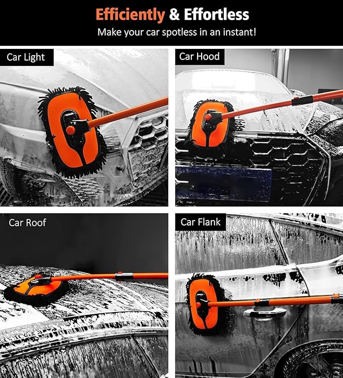 43'' Car Wash Brush with Long Handle Chenille Microfiber Car Wash Kit Mitt Retractable Bent Pole Car Wash Mop for Cars RV Truck Boat (Orange-1)