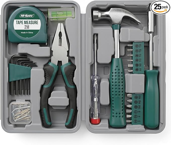 Hi-Spec Small Tool Kit Compact Set for Home and Office DIY, 25-Piece Green Mini Tool Box for Basic Household Repairs, Starter Toolkit in a Portable Toolbox Case.