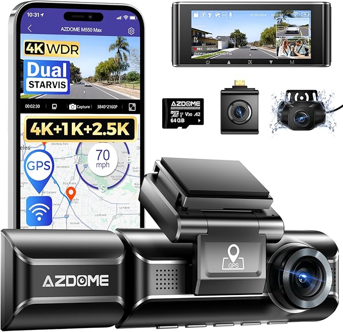 AZDOME M550 Max 4K 3 Channel Dash Cam, Dual STARVIS Sensors, 4K+2.5K+1080P Front and Rear Inside Triple Car Camera, Built-in WiFi GPS, 64GB Card Included, IR Night Vision, Ride Share Accessories