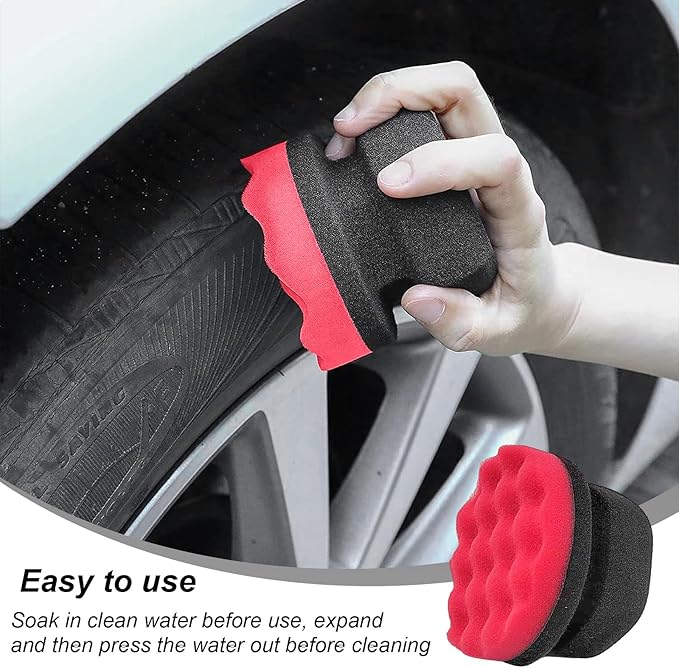 Wevdn 2PCS Tire Shine Applicator, Durable & Reusable Hex Grip Tire Dressing Sponge Foam Detailing Pad, Washable Round Shape Wheel Tire Shine Car Cleaning Sponge, Car Accessories (Red-Large)