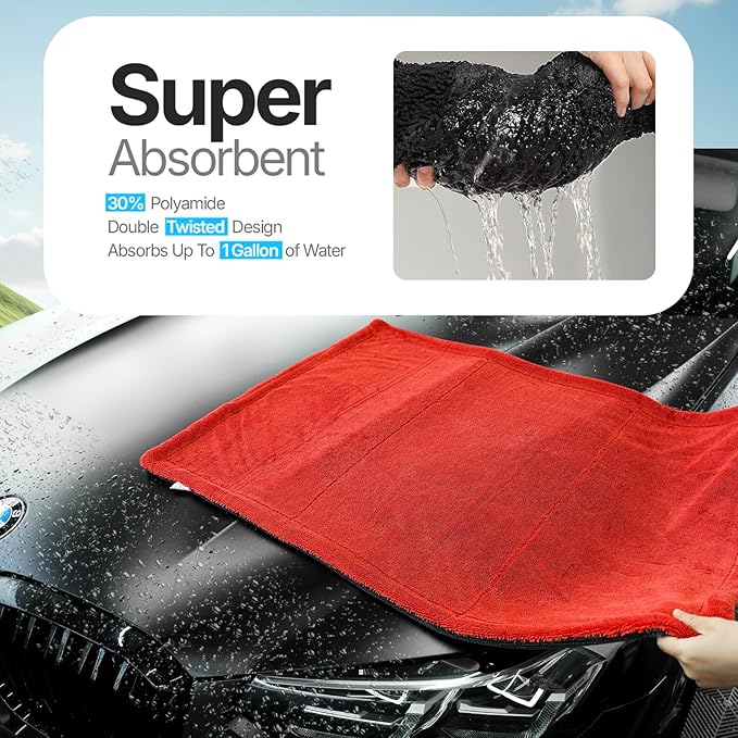Extra Large Microfiber Twisted Car Drying Towel, Red and Grey, Ultra Absorbent, 24 * 36 Inches, One-Swipe Drying, for Car Exterior