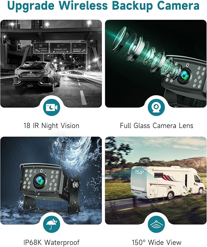 RV Wireless Backup Camera, 7" IPS Monitor +AHD Rear View Camera,Support Up to 4 Cameras DVR Image Flip, Wireless Back Up Camera 12V-36V for Truck/Trailer/RV/Camper/Excavator/Caravan