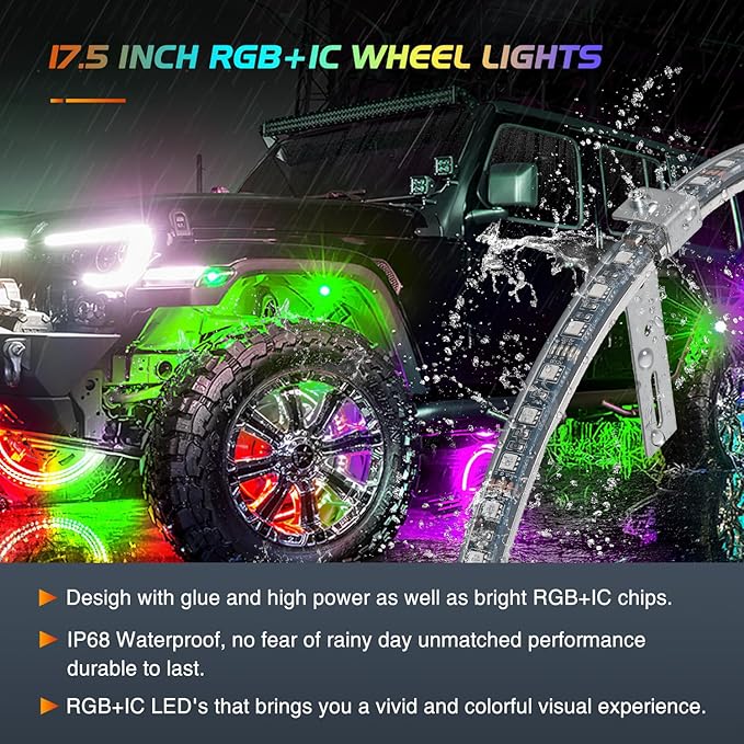 Nilight 4PCS 17.5inch Wheel Ring Lights Deram Color with APP and Remote Control Neon Lights Million Colors w/Turn Signal and Braking Function for Car Van SUV Truck