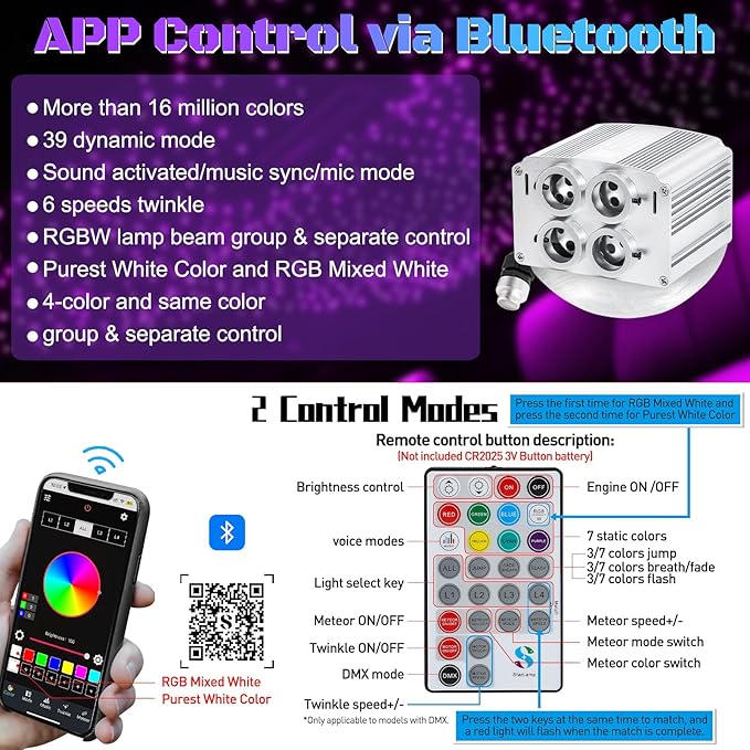 4 Colors 32W Twinkle Car Starlight Headliner Kit 700pcs*0.03in*13.1ft with APP&RF Remote,RGBW Fiber Optic Strands Star Roof Lights,4 Port Engine Sound Activated Ceiling Star Lights for Home/Car Decor