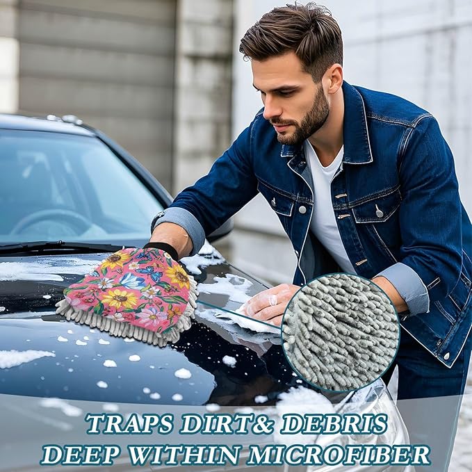Oil Painting with Pink Flowers Car Wash Mitt Scratch Free Wash Mitts For Cars Washing Car Wash Drying