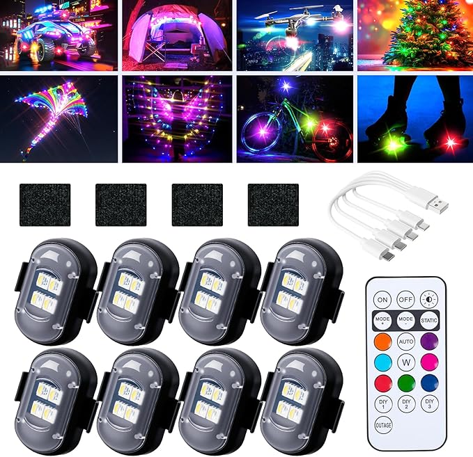 Upgraded Wireless Car Lights with Remote Control，Rechargeable Waterproof 8-Color Interior Car Light, Car Lights Anti-Collision Warning Lights for Vehicle Drone Motorcycle Bike