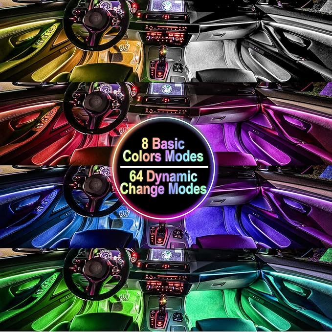 Car Interior Lights, 12V LED Strip Lights with Cigarette Lighter Adapter, Ambient Car Lighting Kit, App & Remote Control Music Sync Color Change Strip Lights for SUVs & Trucks (48LED Beads)
