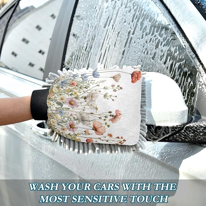 YETTASBIN Spring Wildflower 2PCS Car Wash Mitts, Ultra Absorbent Chenille Microfiber Car Washing Gloves, Scratch-Free Lint-Free Auto Cleaning Mitt, Machine Washable Elastic Cuff Car Wash Sponge