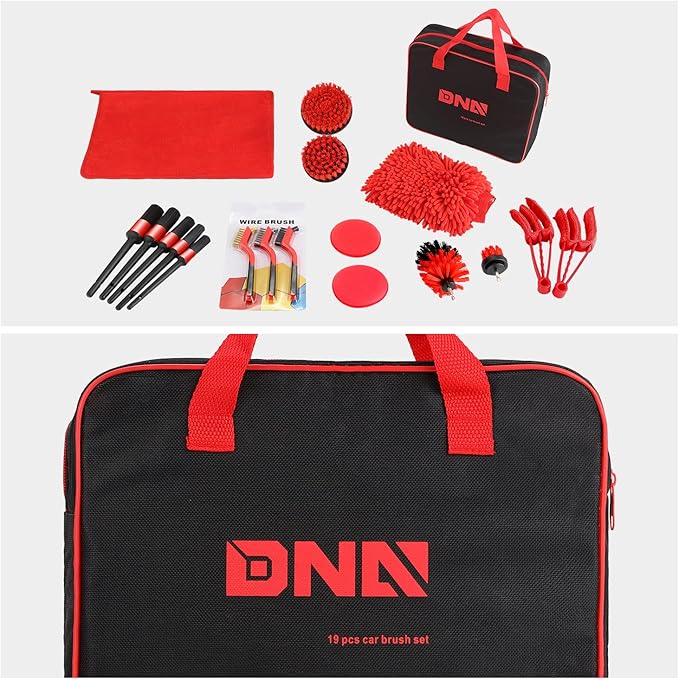 DNA Motoring Car Detailing Brush Cleaning Tools Set with Carry Bag for Auto Interior & Exterior Wheel Dashboard Vent, Red,TOOLS-00278