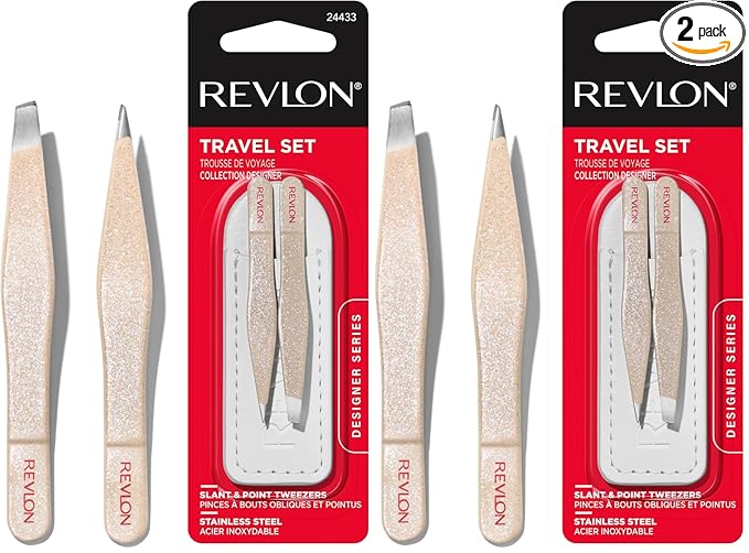 Revlon Designer Series Mini Tweezer Set, Hair Removal Tool Kit with Slant & Point Tips, Portable and Easy to Use, Made with Long Lasting Stainless Steel, 1 Count (Pack of 2)