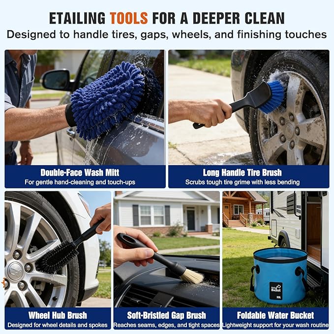 12FT Car Wash Brush with Long Handle - Car Cleaning Kit with 8 Attachments, 180° Rotating Mop, Foldable Bucket, Scratch-Free Soft & Hard Brushes for Cars, Trucks, SUV, RV, Home Windows & Siding