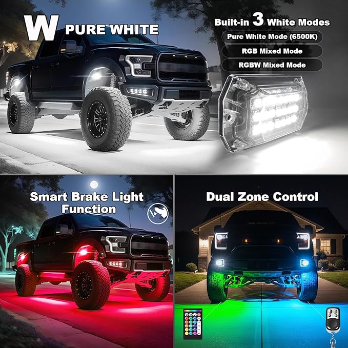 12 Pods Full Angle RGBW LED Rock Lights, 6500K Pure White RGB Rock Light for Truck Jeeps Pickup Offroad Golf Cart SUV UTV Underbody, 12V Waterproof Neon Underglow Kit with APP/RF Remote Sync Music