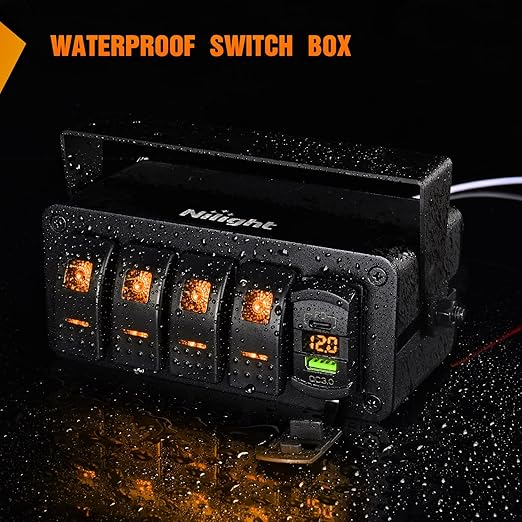 Nilight 4 Gang Rocker Switch Box 12V SPST ON Off Toggle Switches PD Type C and QC 3.0 USB Sockcet Voltmeter Orange LED Light Waterproof Aluminum Mount Bracket Panel DIY Stickers for Boat Car RV Truck