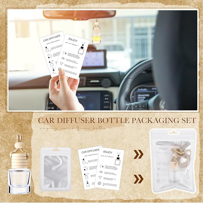 Boao 100 Sets Hanging Car Air Freshener Diffuser Bottles with Instruction Card and 4 x 6'' Resealable Holographic Bag for Empty Car Essential Oil Perfume Bottles Packaging (Cylinder)