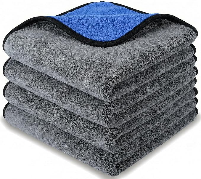 4 Pack Microfiber Towels for Cars, 15.7 x 15.7 inch Thick Plush Cleaning Cloth, Highly Absorbent Professional Grade Drying Towel Set for Car Detailing Household Cleaning, 800GSM(Blue/Grey)