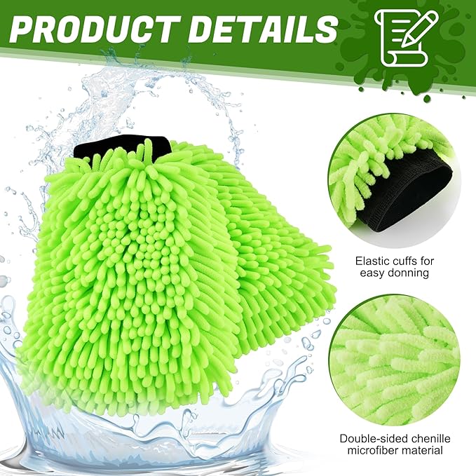 JUSTTOP Premium Microfiber Car Wash Mitts, 2 Pack Scratch-Free Wash Mitts, Ultra-Soft Microfiber Gloves for Cars, Trucks, SUVs, Motorcycles (Green)