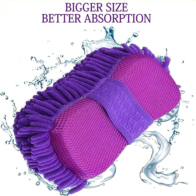 Microfiber Car Wash Sponge-Non-Scratch Wash Mitt-Two Sided Chenille Microfiber Washing Sponge-Mitt for Cars, Trucks, SUVs, Boats (2 Pack Purple)