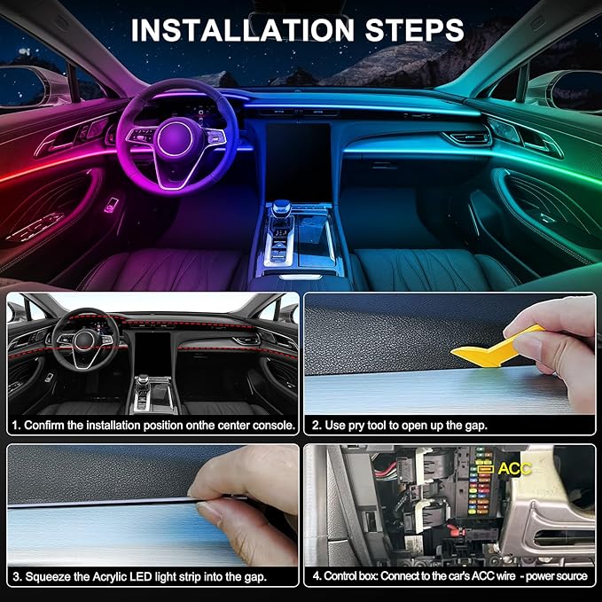 Acrylic Interior Car LED Strip Light with Wireless APP, RGB Dreamcolor 6 in 1 with 175 inches 600 LEDs Fiber Optic Strip Lights for Car, Dynamic Chasing Sound Active Neon Car Ambient Lighting Kits